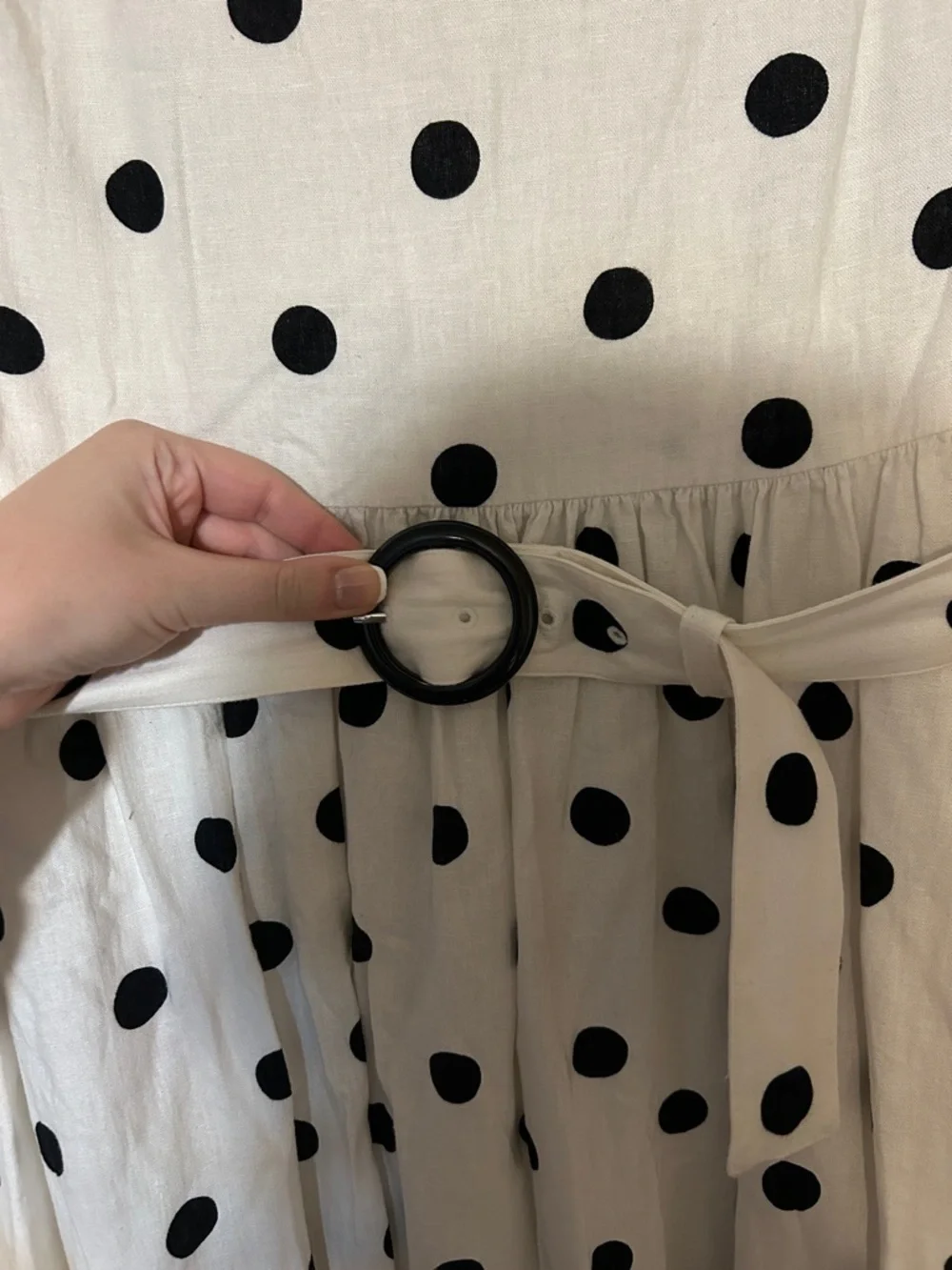 Ann Taylor White Linen Midi Dress with Black Polka Dots and Belt - Picture 3 of 5